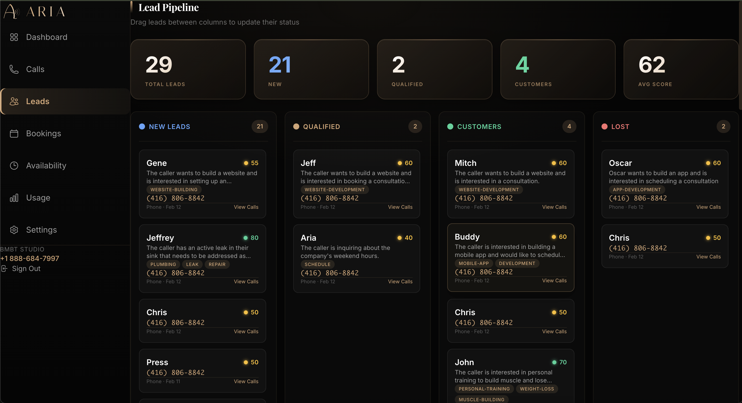 Aria AI Receptionist Dashboard